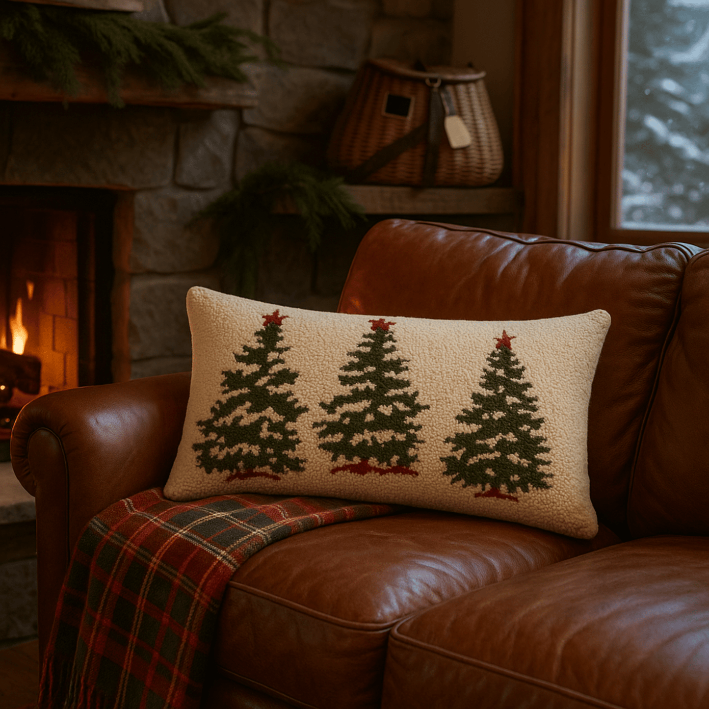 Trees on White 15" x 30" Hank - Hooked Wool Pillow - Fish On! Custom Rods