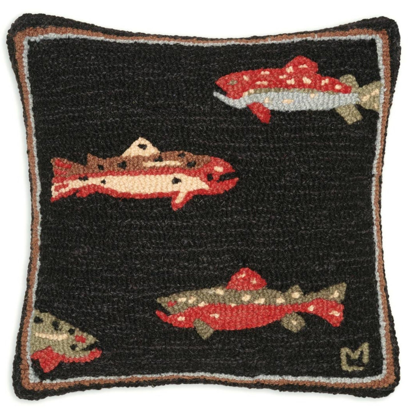 Trout Hand - Hooked Wool Pillow 18" x 18" - Fish On! Custom Rods
