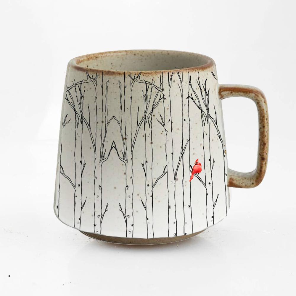 Winter Wonderland - Aspen Trees with Cardinal Stoneware Mug - Fish On! Custom Rods