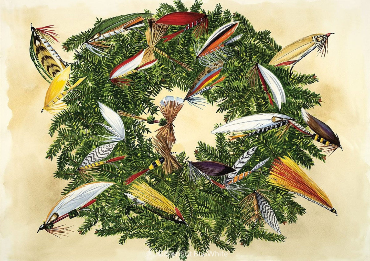Fly Wreath Holiday Cards - Holiday Cards - The Classic Sporting Art of Bob White - Fish On! Custom Rods