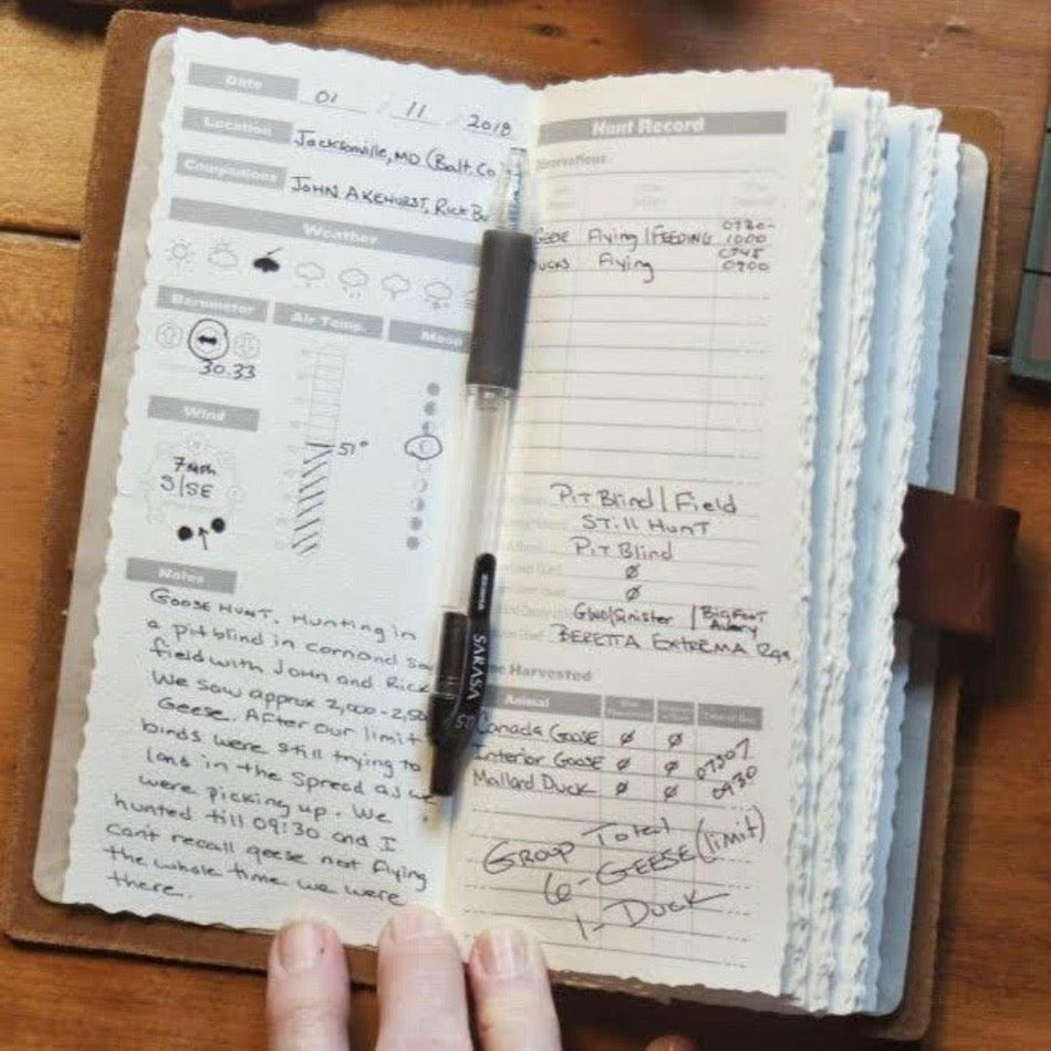 
                  
                    Leather Hunting Journal Early season or better yet preseason or scouting, our Leather Hunting Journal is a great tool for keeping up with key observations, weather conditions, morning or evening and most importantly, your first hunt with your son or daughter.  Designed to be used on any type of hunt, this leather journal is a outdoors enthusiast partner, soon to be filled with memories of a lifetime.   3.75" x 1" x 8" Includes 96 printed rough-cut cream-colored pages
                  
                